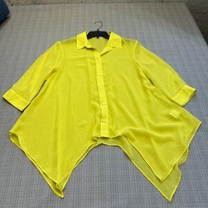 COMO Sheer Button Down Top Small Oversize Sharkbite Hem Blouse Yellow Layering
